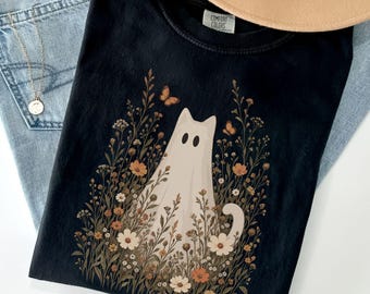 Floral Ghost Cat Comfort Colors® Shirt, Wildflower Halloween Tee, Cottagecore Cat Lover Gift, Botanical Spooky Season Shirt