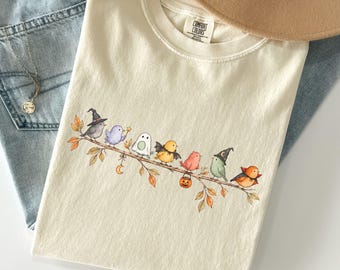 Comfort Colors® Halloween Bird Shirt, Cute Birds on a Branch Tee, Witch Ghost and Vampire Birds, Fall Bird Lover Gift