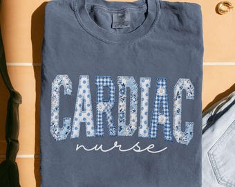 Comfort Colors Cardiac Nurse Shirt, Blue Toile Floral Cardiac Nurse Tshirt, Cardiology Faux Patchwork Nurse Shirt, Nursing School Tee