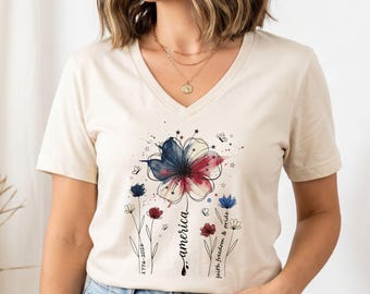 USA 250th Anniversary Floral V Neck Shirt, 1776–2026, Patriotic Wildflower V Neck Tee, America 250 Years Freedom 4th of July V Neck Tee