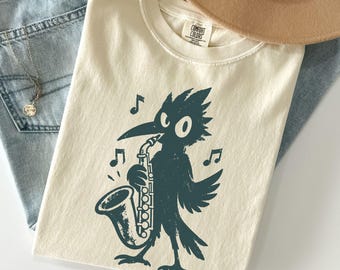 Saxophone Crow Shirt, Comfort Colors® Jazz Bird Tee, Distressed Vintage Style Musician Graphic T-Shirt