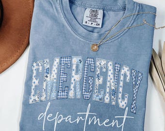 Comfort Colors® Floral ER Nurse Shirt, Emergency Department Tee, Nurse Faux Patchwork Shirt, Emergency Room Gift, Nurse Graduation, ED Nurse