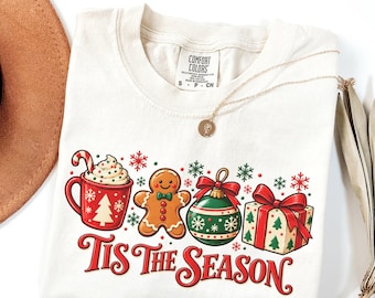 Comfort Colors® Tis the Season Shirt, Retro Christmas Gingerbread Cookie Tee, Cozy Cocoa Candy Cane Holiday Gift, Festive Xmas Family Top