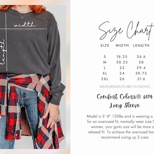 K&ouml;nnte beinhalten: Dunkelgraues Langarmshirt mit Gr&ouml;&szlig;entabelle. Das Shirt ist Comfort Colors 6014. Die Gr&ouml;&szlig;entabelle zeigt Ma&szlig;e in Zoll f&uuml;r die Gr&ouml;&szlig;en S bis 2XL. Das Model tr&auml;gt Gr&ouml;&szlig;e L.