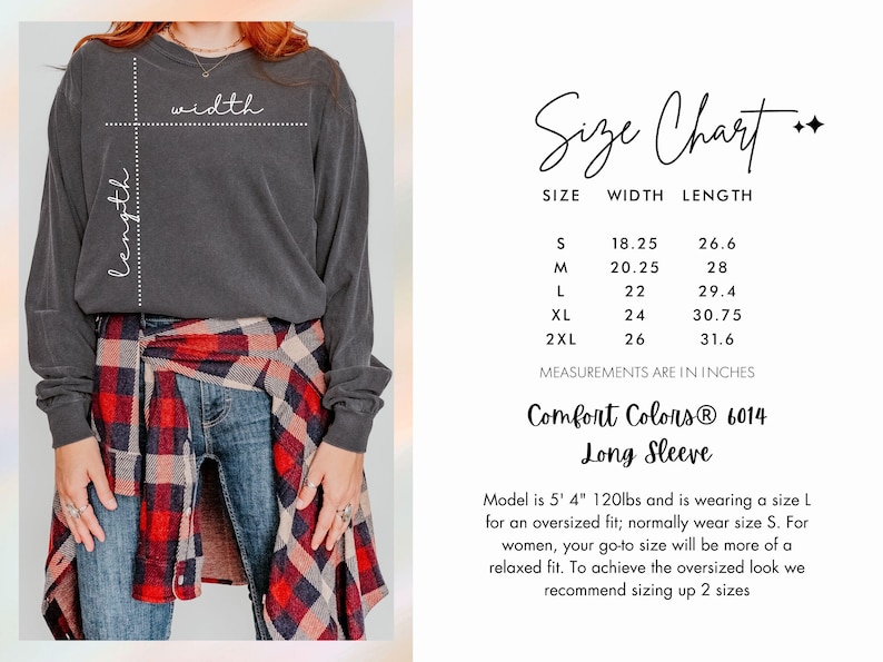K&ouml;nnte beinhalten: Dunkelgraues Langarmshirt mit Gr&ouml;&szlig;entabelle. Das Shirt ist Comfort Colors 6014. Die Gr&ouml;&szlig;entabelle zeigt Ma&szlig;e in Zoll f&uuml;r die Gr&ouml;&szlig;en S bis 2XL. Das Model tr&auml;gt Gr&ouml;&szlig;e L.