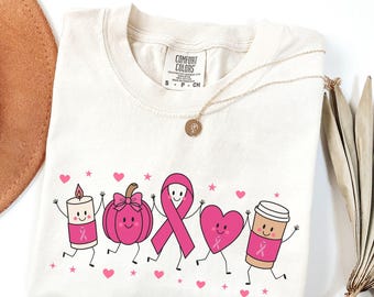Pink Ribbon Breast Cancer Awareness Tshirt, Cute Pumpkin Coffee Heart Graphic Tee, Kawaii Doodle Fall Shirt, October Survivor Support Top
