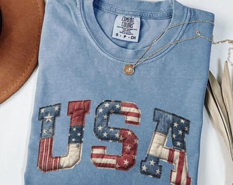 Comfort Colors® Vintage Faux Patchwork USA Shirt Retro USA Tee Trendy 4th of July Gift