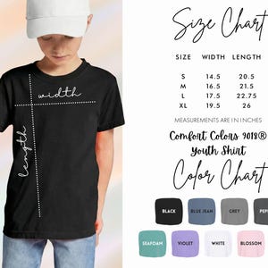 May include: A black youth t-shirt with the words "width" and "length" marked on the shirt. The image includes a size chart with measurements in inches and a color chart with various color options.