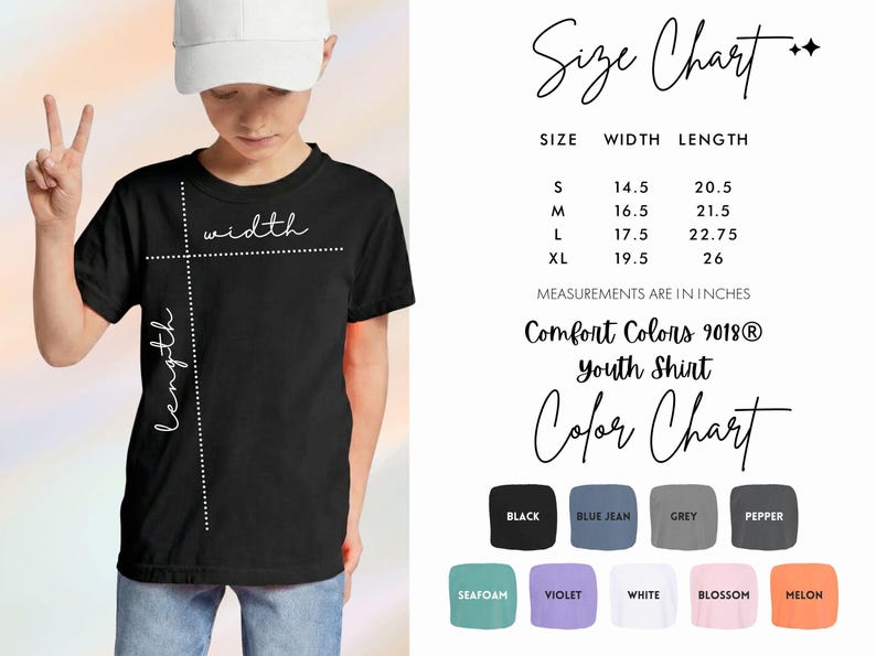 May include: A black youth t-shirt with the words "width" and "length" marked on the shirt. The image includes a size chart with measurements in inches and a color chart with various color options.