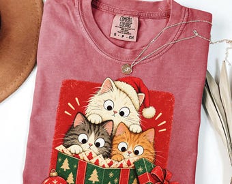 Comfort Colors® Christmas Kittens Shirt, Cute Cat Gift Box Santa Hat Tee, Retro Holiday Cat Lover Gift, Cat Mom Xmas Top