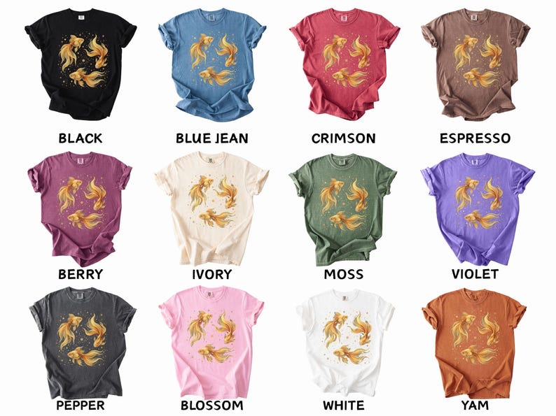 May include: A collection of short-sleeved t-shirts in various colors, each featuring a golden fish design. Colors include black, blue jean, crimson, espresso, berry, ivory, moss, violet, pepper, blossom, white, and yam. The shirts are casual wear.