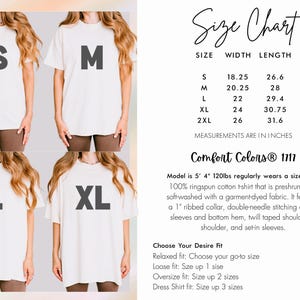 May include: Cream-colored t-shirts with the letters S, M, L, and XL printed on them. A size chart in inches is included, detailing width and length measurements. The text also describes the shirt's features and fit.