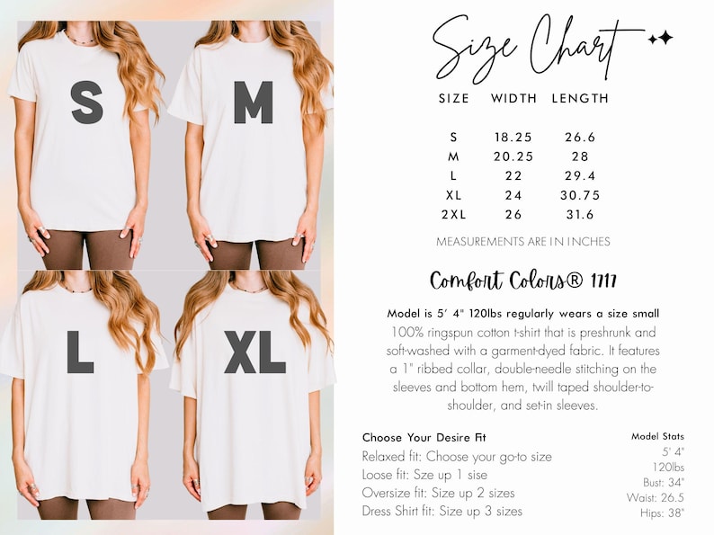 May include: Cream-colored t-shirts with the letters S, M, L, and XL printed on them. A size chart in inches is included, detailing width and length measurements. The text also describes the shirt's features and fit.
