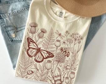 Comfort Colors® Vintage Insect Flowers Shirt, Boho Cottagecore Shirt, Botanical Floral Tee Wildflowers Shirt Gift for Gardener Nature Lovers
