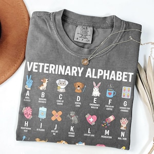 May include: Dark gray t-shirt with the text "VETERINARY ALPHABET" and illustrated letters A through N, each representing a veterinary term. The shirt features a crew neck and a Comfort Colors tag. A gold necklace with a pendant is draped across the shirt.