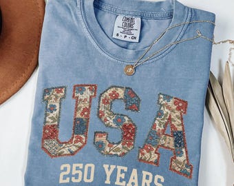 Floral Usa 250 Years Faux Patchwork Shirt, Usa 250 Years T-Shirt, America 250th Anniversary Tee, Patriotic Usa Shirt, Usa Print Gift Shirt