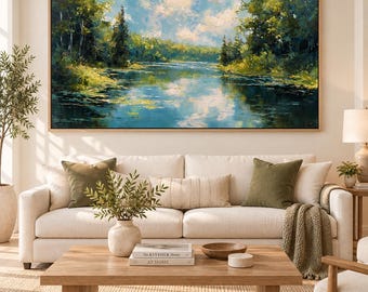 Hand-Painted Textured Blue Green Forest Lake Wall Art with Sunlit Reflections for Serene Nature Home Decor
