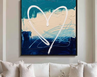 Textured Beige Heart Oil Painting Navy Blue Abstract Palette Knife Canvas Artwork