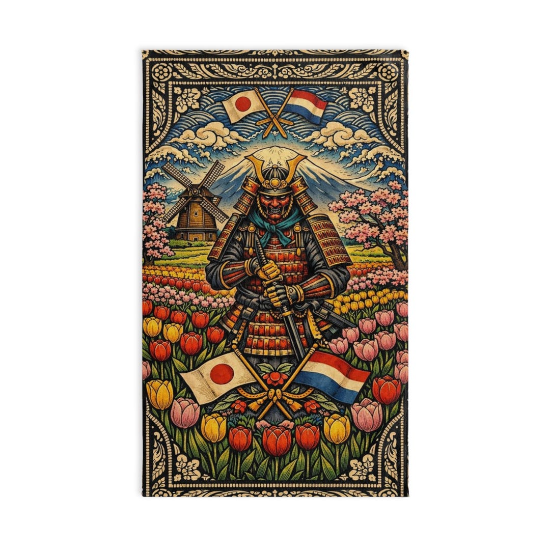 Samurai in Tulip Field Hand Towel | Japanese Dutch Flags, Windmill Art ...