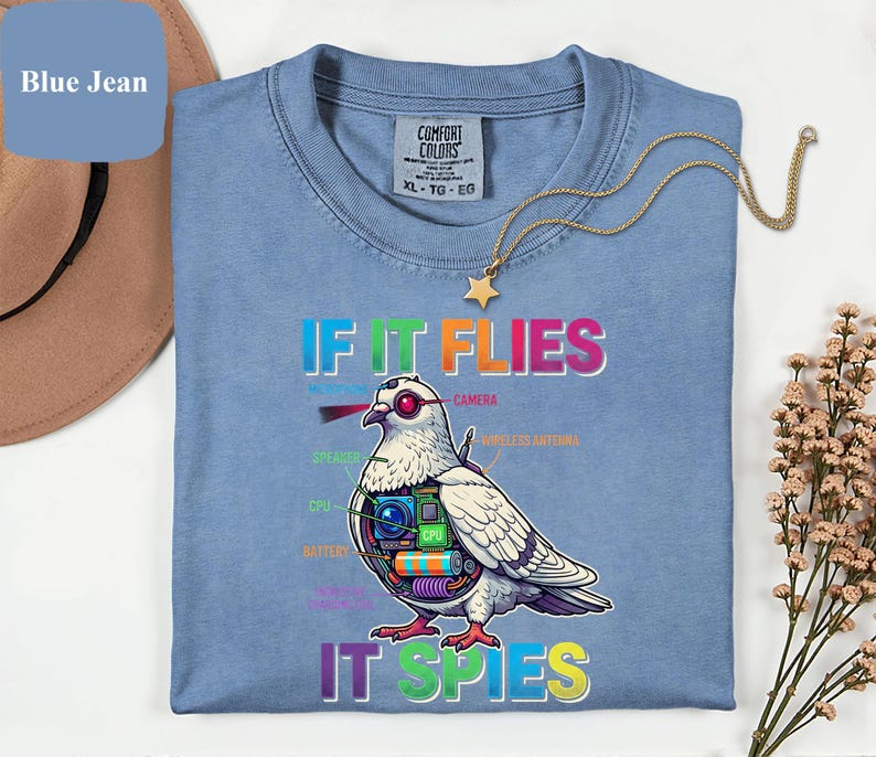 May include: A light blue t-shirt with the text "IF IT FLIES IT SPIES" and a graphic of a pigeon with tech components. The shirt has a crew neck and short sleeves. A gold necklace with a star pendant is on the shirt.