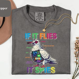 May include: Pepper-colored Comfort Colors t-shirt with the text "IF IT FLIES IT SPIES" and a graphic of a pigeon with tech components. A gold star pendant necklace is draped on the shirt.