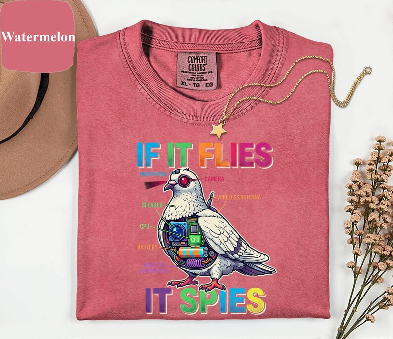 May include: A watermelon-colored t-shirt with the text "IF IT FLIES IT SPIES" and a graphic of a pigeon with tech components. The shirt has a crew neck and a gold star pendant necklace.
