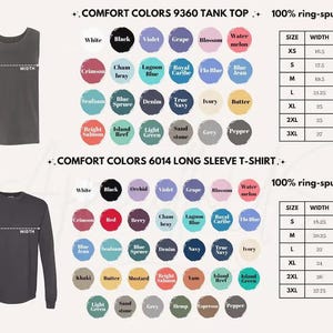 May include: Image featuring a Comfort Colors tank top and long sleeve t-shirt, with color swatches and size charts. The tank top is dark gray, and the long sleeve shirt is also dark gray. The text includes "100% ring-spun cotton."