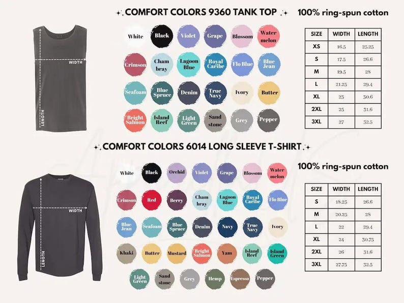 May include: Image featuring a Comfort Colors tank top and long sleeve t-shirt, with color swatches and size charts. The tank top is dark gray, and the long sleeve shirt is also dark gray. The text includes "100% ring-spun cotton."