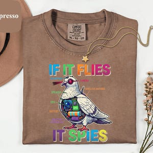 May include: Espresso-colored Comfort Colors t-shirt with a graphic of a pigeon with tech components and the text "IF IT FLIES IT SPIES". A gold star pendant necklace rests on the shirt. The shirt is size XL-TG-EG.
