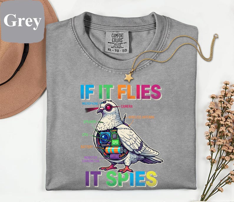 May include: A grey Comfort Colors XL t-shirt with the text "IF IT FLIES IT SPIES" and a graphic of a pigeon with tech components. A gold necklace with a star pendant is draped on the shirt.