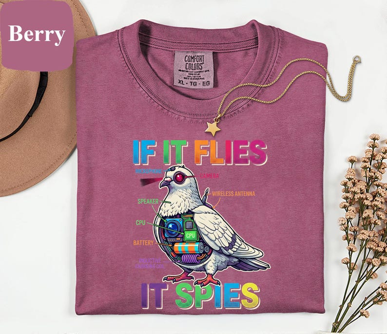 May include: Berry-colored t-shirt with the text "IF IT FLIES IT SPIES" and a graphic of a pigeon with tech components. The shirt has a crew neck and short sleeves. A gold necklace with a star pendant is on the shirt.