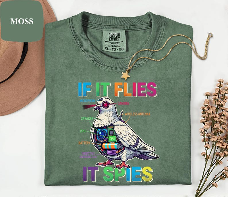 May include: A moss green Comfort Colors t-shirt with the text "IF IT FLIES IT SPIES" and a graphic of a pigeon with tech components. The shirt has a crew neck and a gold star pendant necklace. The shirt is size XL-TG-EG.