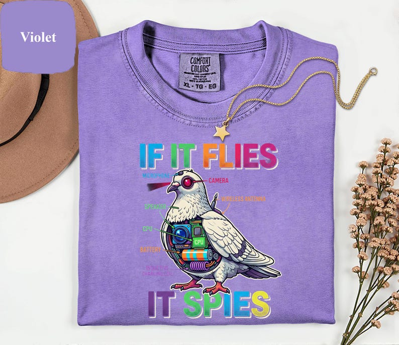 May include: Violet Comfort Colors t-shirt with the text "IF IT FLIES IT SPIES" and a graphic of a pigeon with camera and tech components. A gold star necklace is draped across the shirt.