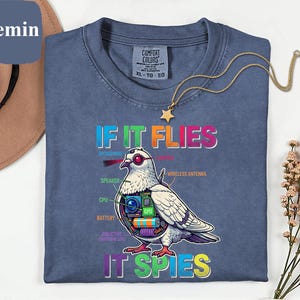 May include: Blue t-shirt with a graphic of a pigeon with tech components and the text "IF IT FLIES IT SPIES". The shirt also has a gold necklace with a star pendant. The shirt is a Comfort Colors XL-TG-EG.