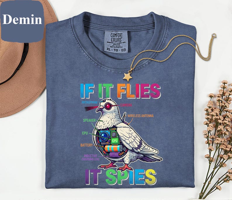 May include: Blue t-shirt with a graphic of a pigeon with tech components and the text "IF IT FLIES IT SPIES". The shirt also has a gold necklace with a star pendant. The shirt is a Comfort Colors XL-TG-EG.