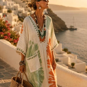 May include: A loose-fitting cream-colored kaftan dress featuring green and orange tie-dye patterns, a V-neckline with dark green embroidery, and a large patch pocket. The garment is accessorized with a layered beaded necklace and a woven straw bag.