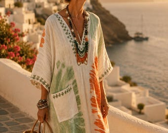 Boho Maxi Kleid | V-Ausschnitt-Leinenmischung-Resort Tragen, Aufgesetzte Tasche Lässig Urlaubs Stil
