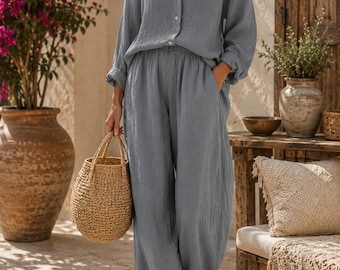 Women's Cotton Linen Matching Set Button Shirt Wide Leg Pants Beach Resort Wear