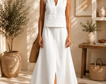 Women's Cotton Linen Two Piece Set, Sleeveless V Neck Top, Maxi Skirt, Summer Resort