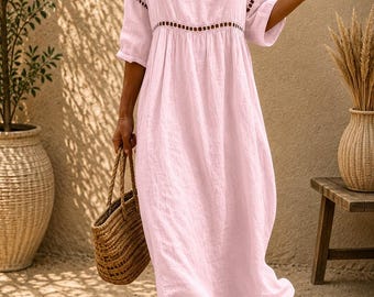 Boho Maxi Kleid | V-Ausschnitt Baumwolle Kleid Casual Loose Fit Urlaub Bademode Frauen