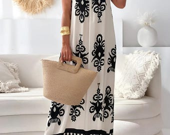 Boho Neckholder Maxikleid: Blumendruck, Sommerkleid mit lockerer Passform