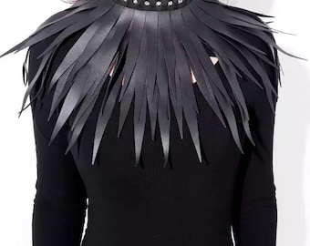 Schwarz Kunstleder Feder Fransen Hals Harness, Gothic Nieten Choker Halsband
