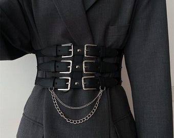Cinto de cintura com corrente gótica, cinto corset com fivela tripla, modelador de cintura punk sexy para festas e streetwear.
