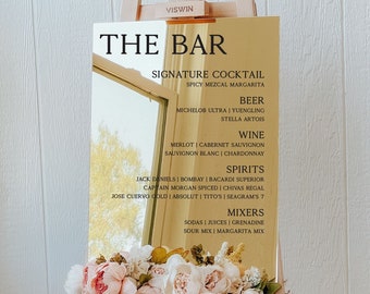 Bar Menu Mirror Acrylic Wedding Sign  |  Mirror Welcome Wedding Sign | Wedding Bar Menu
