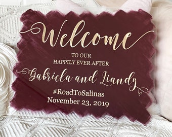 Welcome to our happily ever after. wedding sign, acrylic welcome sign, brushed back wedding sign, hand painted acrylic sign