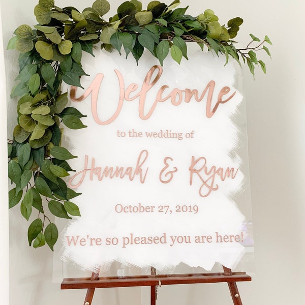 Personalized painted back Welcome Sign, Brushed Back Acrylic Welcome Sign, Modern Calligraphy Wedding Sign. Rose Gold sign -WS06