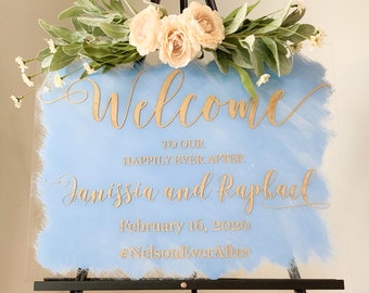 Welcome to our happily ever after, wedding sign, acrylic welcome sign, brushed back wedding sign, hand painted acrylic sign - WS03