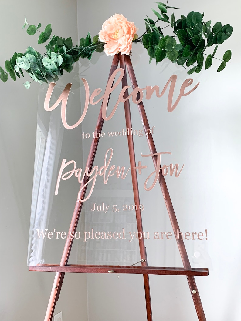 Personalized Rose Gold Welcome Sign, Acrylic Welcome Sign, Modern Calligraphy Wedding Sign, Hand Painted Acrylic Sign WS06 image 2