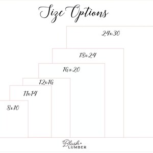 May include: A diagram showing different sizes of wooden signs, ranging from 8x10 inches to 24x30 inches. The sign sizes are listed in a descending order, with the largest size at the top and the smallest size at the bottom. The text "Size Options" is at the top of the diagram. The text "Blush + Lumber" is at the bottom of the diagram.