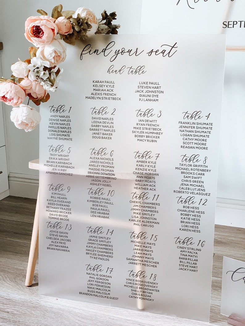 May include: A clear acrylic seating chart with a white background and black text. The chart is divided into 18 tables, each with a table number and a list of names. The chart is titled "Find Your Seat" and includes a "Head Table" with a list of names.
